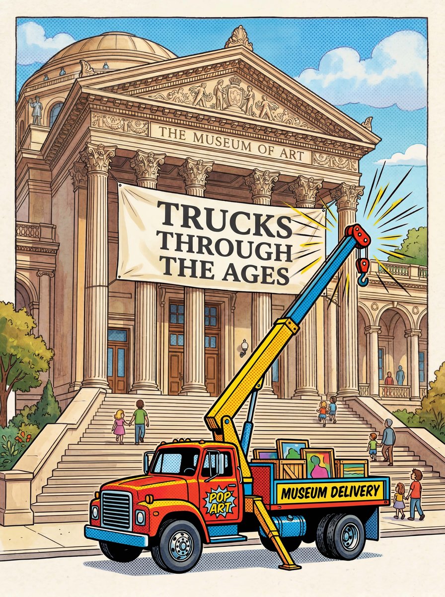 Trucks Through the Ages — book cover. A Pop Art–style red crane truck labeled 'Museum Delivery' parked in front of a grand art museum with a banner reading 'Trucks Through the Ages.'